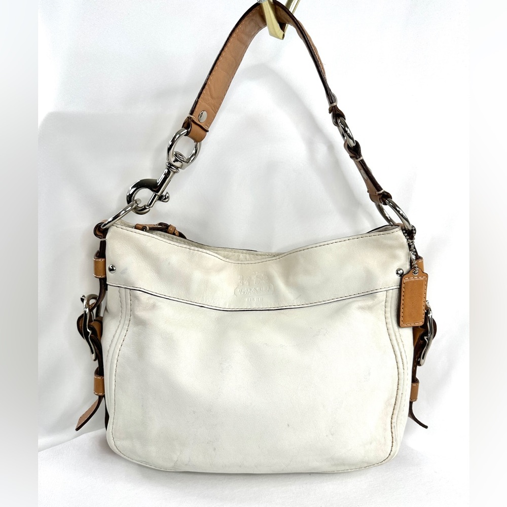 Coach Zoe Hobo F12671 White Leather Shoulder Bag Brown Leather Trim Buckles
